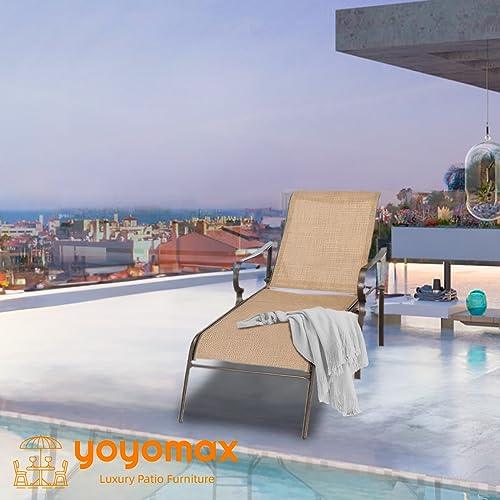 yoyomax Chaise Lounge Outdoor w/Adjustable Back in 5 Reclining Levels, Sturdy Metal Frame, Sunbathing Chair for Beach, Yard, Balcony, Poolside, Beige - CookCave