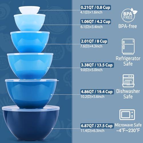 LUXEAR Mixing Bowls with Lids Set, 14 Pieces Plastic Nesting Bowls Includes 6 Prep Bowls, 6 Lids, 2 Cooking Spoons(Can Convert into Tongs), Microwave Dishwasher Safe for Mixing Serving Baking Storing - CookCave