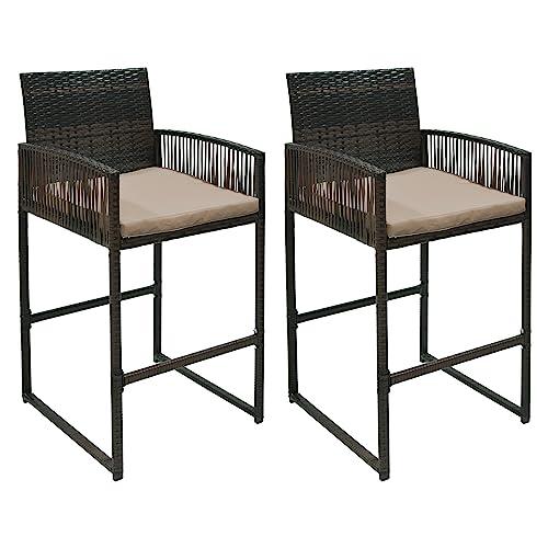 Usinso Outdoor Bar Stools Set of 2, Rattan Bar Height Chairs with Armrests, Footrests, Cushion Beige, All-Weather Wicker Woven Stools for Garden, Backyard, Poolside, Deck(Brown) - CookCave