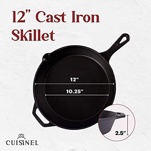 Cuisinel Cast Iron Skillet with Lid - 12"-Inch Frying Pan + Glass Lid + Heat-Resistant Handle Cover - Pre-Seasoned Oven Safe Cookware - Indoor/Outdoor Use - Grill, BBQ, Fire, Stovetop, Induction Safe - CookCave