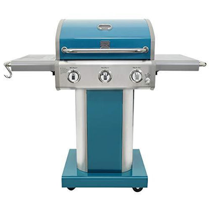 Kenmore 3-Burner Outdoor BBQ Grill | Liquid Propane Barbecue Gas Grill with Folding Sides, PG-A4030400LD-TL, Pedestal Grill with Wheels, 30000 BTU, Teal - CookCave