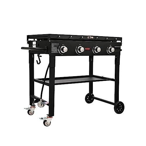 VEVOR Commercial Griddle on Cart, 36" Heavy Duty Manual Flat Top Griddle, Outdoor Cooking Station with Side Shelves, Steel Natural Gas Griddle, 4-Burners Restaurant Portable Grill - 60,000 BTU - CookCave