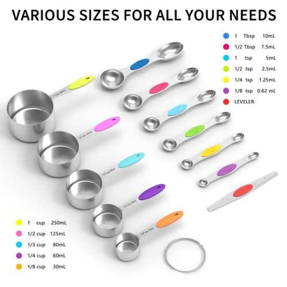 TILUCK measuring cups and magnetic measuring spoons set, stainless steel measuring cups, 6 double-sided stainless steel measuring spoons & 1 leveler - CookCave