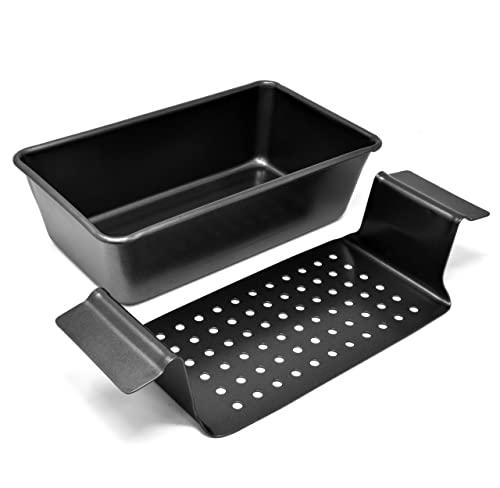 PERLLI Nonstick Meat Loaf Pan Bread Pan with Insert, 2-in-1 Large 9.8" X 5.7" Healthy Coating Nonstick Roaster Pan with Drain Drip Tray, Carbon Steel Gray - CookCave