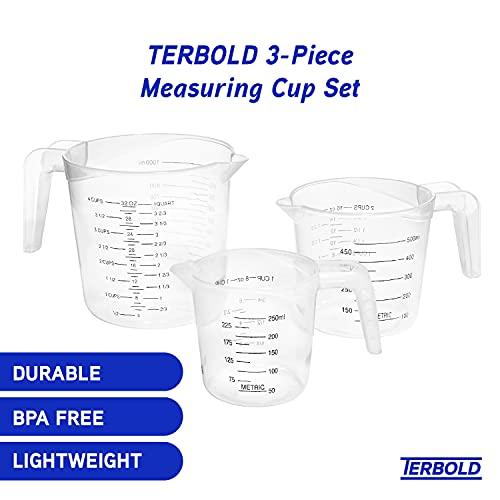 Terbold 3pc Measuring Cup Set in Clear Plastic with Long Handles - 1 Cup, 2 Cup, 1 Quart Sizes - CookCave