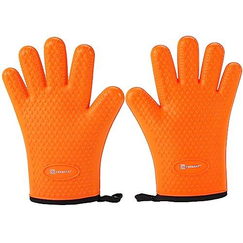 KEEMAKE Silicone Oven Mitts, Heat Resistant Gloves for Grilling Outside Silicone&Cotton Lining Double Protection Oven Gloves with Fingers, Waterproof, Heat & Cold Resistant BBQ Grilling Gloves-Orange - CookCave
