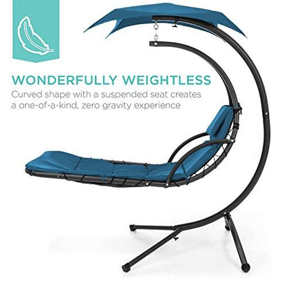 Best Choice Products Outdoor Hanging Curved Steel Chaise Lounge Chair Swing w/Built-in Pillow and Removable Canopy - Peacock Blue - CookCave