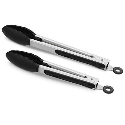 2 Pack Black Kitchen Tongs, Premium Silicone BPA Free Non-Stick Stainless Steel BBQ Cooking Grilling Locking Food Tongs, 9-Inch & 12-Inch - CookCave