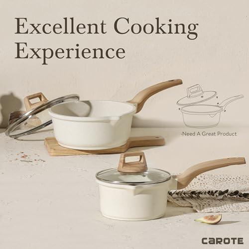 CAROTE 1.5Qt & 2.5Qt Sauce Pan Set with Lid Nonstick Saucepan 4 Pcs Non Stick Sauce Pots Cooking Pot with Pour Spout, Easy to Clean, Small Kitchen Pots Induction Pot, PFOA FREE (White Granite) - CookCave