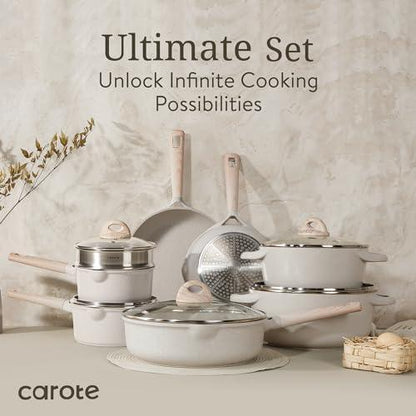 CAROTE 16pcs Pots and Pans Set Non Stick, Kitchen Cookware Sets, Large Capacity Granite Pots Set, Kitchen Induction Pots and Pans Cooking Sets, Beige - CookCave