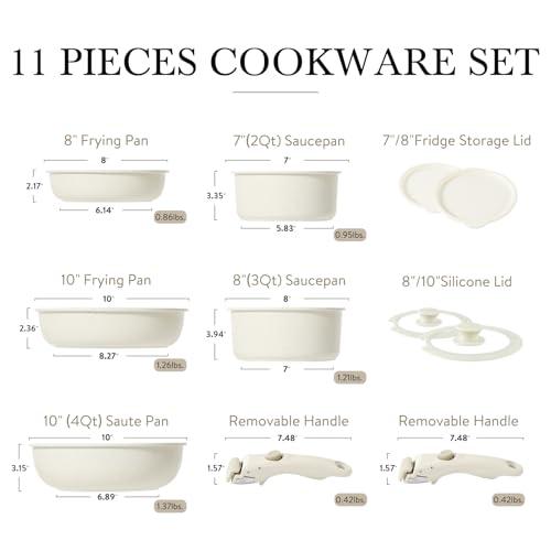 CAROTE 11pcs Pots and Pans Set, Nonstick Cookware Sets Detachable Handle, Induction RV Kitchen Set Removable Handle, Oven Safe, Cream White - CookCave