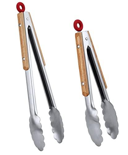 Honsen Stainless Steel Kitchen Tongs Set of 2-9" and 12",Locking Metal Food Tongs with Acacia Wood Grips,Barbecue Tongs for Pans and BBQ - CookCave