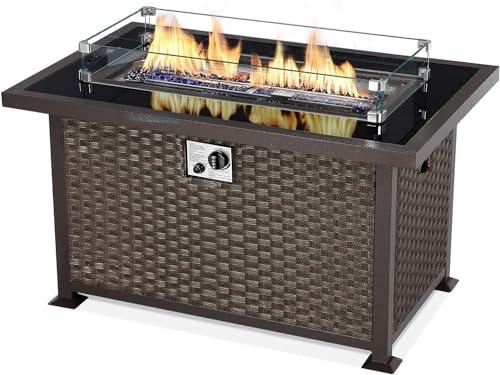 U-MAX 44in Outdoor Propane Gas Fire Pit Table, 50,000 BTU Auto-Ignition Gas Firepit with Glass Wind Guard, Black Tempered Glass Tabletop & Blue Glass Rock, Brown PE Rattan, CSA Certification - CookCave