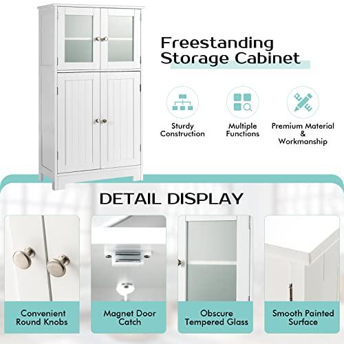 HAPPYGRILL Bathroom Storage Cabinet with Adjustable Shelf, Bathroom Cabinets Freestanding with Anti-toppling Device, Bathroom Floor Cabinet w/Tempered Glass Doors for Kitchen Dining Room Living Room - CookCave