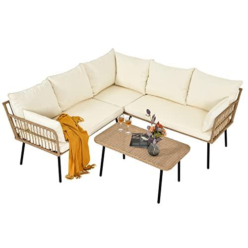 YITAHOME 4 Pieces Patio Furniture Set, Outdoor Rattan Woven Conversation Sectional L-Shaped Sofa with 5 Seater for Backyard, Porch, Boho Detachable Lounger with Cushions and Side Table - Beige - CookCave