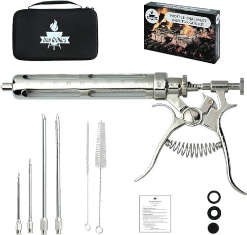 Iron Grillers PRO Competition Marinade Meat Injector Gun Flavor Kit for Smoking Brisket, Turkey, Chicken, Ribs, Pork & BBQ - Large 2 Oz Strong Glass Capacity + Metal Protective Case - Built to Last - CookCave
