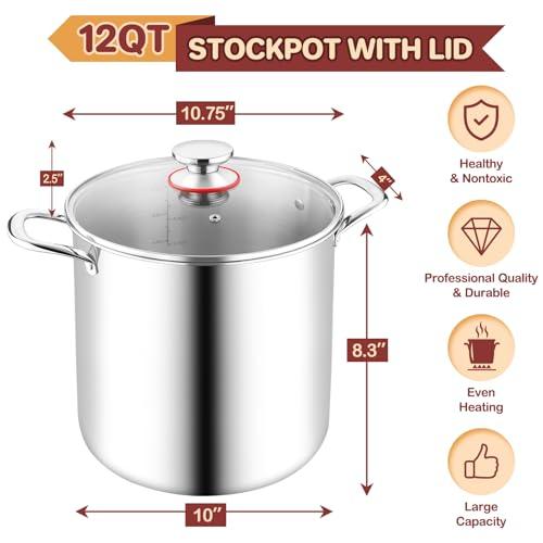 TeamFar 12 Quart Stock Pot, Stainless Steel Tri-ply Stockpot Large Pasta Soup Cooking Pot with Clear Lid, for Induction Gas Electric Ceramic, Healthy & Heavy Duty, Solid Handles & Dishwasher Safe - CookCave