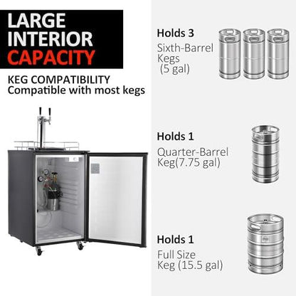 Beer Kegerator, Dual Tap Draft Beer Dispenser, Full Size Keg Refrigerator With Shelves, Stainless Steel, Drip Tray & Raill, silver - CookCave