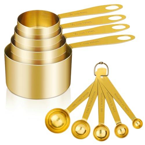 GuDoQi Measuring Cups and Spoons Set of 9, Stainless Steel Handle with Metric and US Measurements, Golden Polished Finish, Dry & Liquid Ingredient Measuring Cup for Cooking and Baking - CookCave