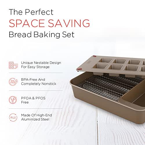 Elbee Home 8-Piece Nonstick Space Saving Bread Baking Pan Set - Includes Large Roasting Pan - Bread Loaf Pan - Baguette Pan - Cooling Rack - 8-Cavity Mini Loaf Pan Aluminized Steel - PFOA & PFOS Free - CookCave