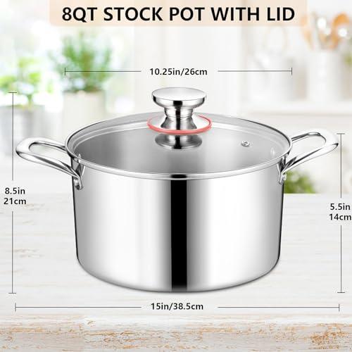 Homikit 8QT Stainless Steel Stock Pot, Heavy Duty Induction Cooking Pot with Glass Lid, Tri-ply Pasta/Chicken/Soup Pot, Stockpot for Steaming and Stewing, Dishwasher Safe - CookCave