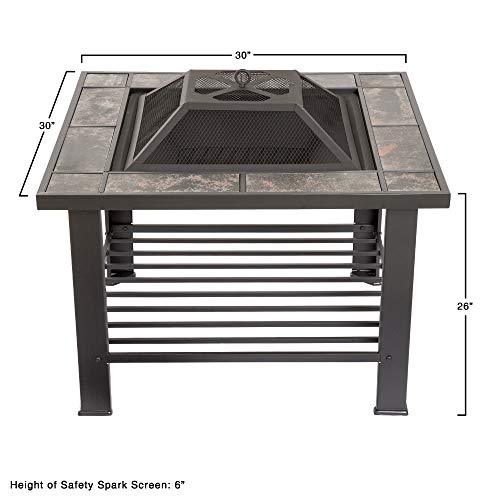 Fire Pit Set, Wood Burning Pit - Includes Screen, Cover and Log Poker - Great for Outdoor and Patio, 30 inch Square Marble Tile Firepit by Pure Garden, Black - CookCave