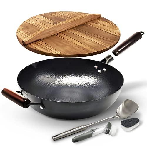 HOME EC Carbon Steel Wok Pan With Lid, Stir Fry Wok Set, Steel Spatula, and Cleaning Brush - Non-Stick Big 12.75in Flat Bottom Chinese woks & stir-fry pans - CookCave