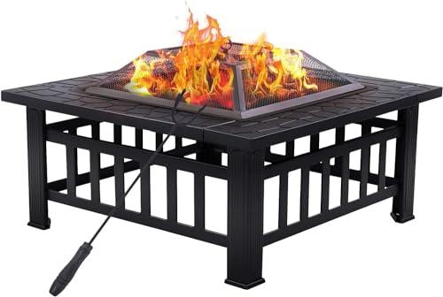 32 Inch Outdoor Metal Fire Pit, Square Wood Burning Firepit with Steel Fire Poker and Cover for Outdoor Patio Garden Backyard Camping Heating - CookCave