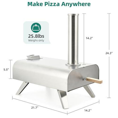 YITAHOME Wood Fired Pizza Oven Outdoor, 12" Portable Pellet Pizza Ovens with Pizza Peel & Pizza Cutter, Woodfire Pizza Maker for Outside Kitchen Cooking Stainless Steel Silver - CookCave