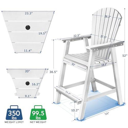 Tall Adirondack Chairs Set of 2, Weather Resistant HDPE Adirondack Barstools, Balcony Chairs with Double Connecting Tray & Umbrella Hole, Patio Stools for Outdoor Deck Lawn Pool Backyard, White - CookCave