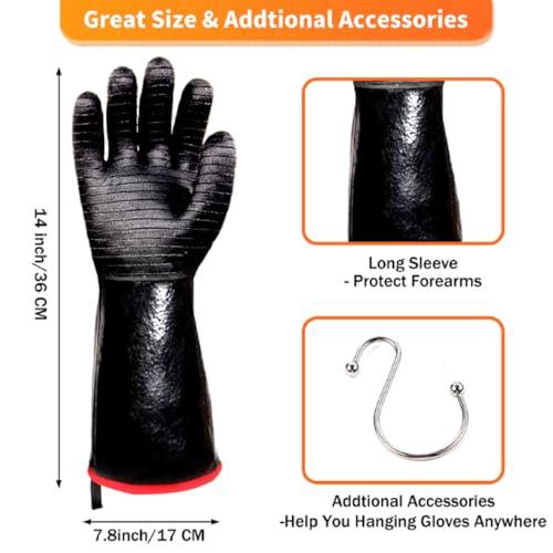 JENPOS BBQ Gloves - 1472°F Thicken Heat Resistant Gloves w/S-Hook 14 in Kitchen Oven Mitts Waterproof Grill Gloves Oil Resistant Grilling Gloves Cooking Gloves for Turkey Fryer/Baking/Oven/Smoker - CookCave