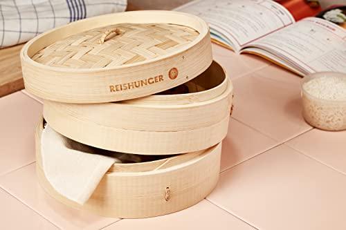 Reishunger Bamboo Steamer Handmade Basket, Traditional 2-Tier Design - 8 Inch - for Dumplings, Rice, Dim Sum, Vegetables, Fish and Meat - Incl. 2 Cotton Cloths - CookCave