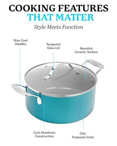 Gotham Steel Aqua Blue Nonstick 5 Quart Pot, Multipurpose Nonstick Stock Pot, Pasta Pot, Oven Safe Cooking Pot with Glass Lid, Pot for Stew, Sauce & Reheat Food, Dishwasher Safe, PFOA Free - CookCave