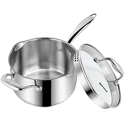 Rorence Stainless Steel Saucepan Sauce Pan with Pour Spout & Glass Lid with Strainer - 3.7 Quart - CookCave