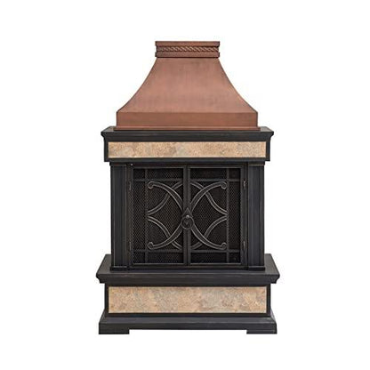 Sunjoy Outdoor Fireplace, Smith Collection Patio Wood Burning Steel Fireplace with Chimney, Spark Screen, Fire Poker, and Removable Grate, Copper with Yellow Tile - CookCave