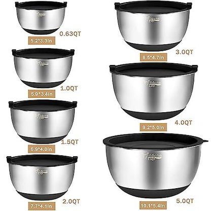 Wildone Mixing Bowls with Airtight Lids, 27 PCS Stainless Steel Nesting Bowls, with 3 Grater Attachments, Scale Mark & Non-Slip Bottom, Size 5, 4, 3, 2, 1.5, 1, 0.63QT, Ideal for Mixing & Prepping - CookCave