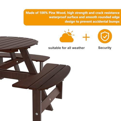 ROOMTEC 6 Person Wooden Picnic Benches, Outdoor Round Table with Umbrella Hold Design for Patio, Backyard, Garden, Adults and Kids, 1720lb Capacity, Brown - CookCave