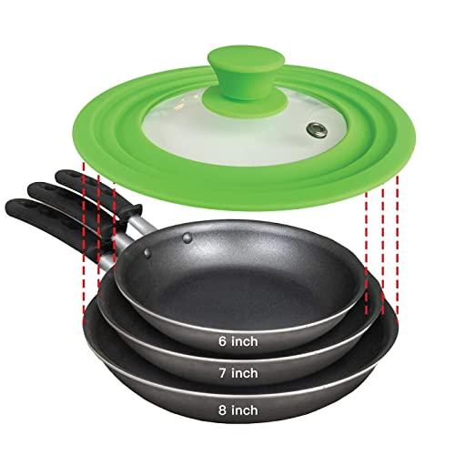 Universal Lid for Pots, Pans and Skillets - Tempered Glass with Heat Resistant Silicone Rim Fits 6", 7" and 8" Diameter Cookware, Lime Green, Replacement Lid for Frying Pan and Cast Iron Skillet - CookCave