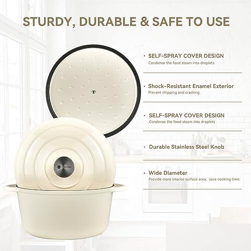 Gacuray 6Qt Enameled Cast Iron Dutch Oven Pot with Lidnd Dual Handles Heavy Duty Non-Stick Cream White - CookCave