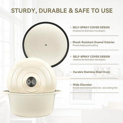 Gacuray 6Qt Enameled Cast Iron Dutch Oven Pot with Lidnd Dual Handles Heavy Duty Non-Stick Cream White - CookCave