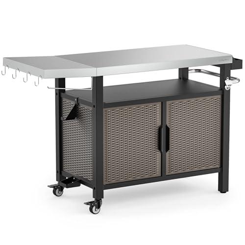 Onlyfire Portable Dining Cart Table with XL Stainless Steel Countertop, Rolling Storage Cabinet with Side Shelf for Indoor Outdoor, Kitchen Island Worktable with Wheels - CookCave