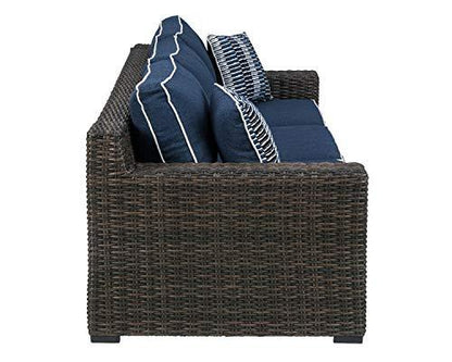 Signature Design by Ashley Grasson Lane Outdoor Patio Wicker Sofa with Cushion and 2 Pillows, Brown & Blue - CookCave