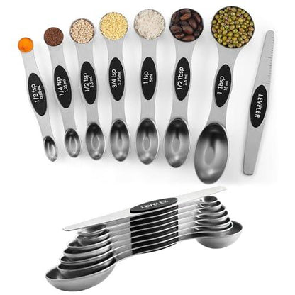 ChefAide Stainless Steel Magnetic Measuring Spoons Set, Dual Sided, Stackable, Adjustable Teaspoon and Tablespoon Measure Spoon with Leveler, Kitchen Gadgets Set of 8 - CookCave