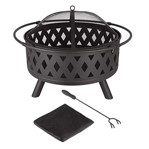 Fire Pit Set, Wood Burning Pit - Includes Screen, Cover and Log Poker - Great for Outdoor and Patio, 32 inch Round Crossweave Firepit by Pure Garden - CookCave