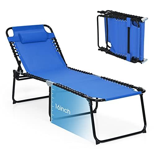 GYMAX Lounge Chairs for Outside, Extra High Folding Beach Tanning Lounger with 4-Level Adjustable Backrest, 2-Level Footrest & Removable Pillow, Sunbathing Lounge for Patio, Lawn, Poolside (1, Navy) - CookCave