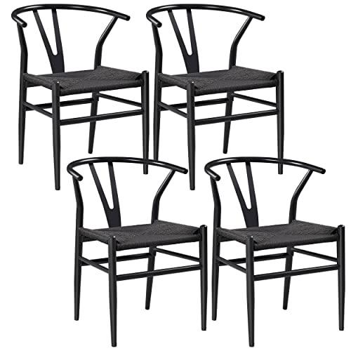 Yaheetech Set of 4 Weave Chair Mid-Century Metal Dining Chair Y-Shaped Backrest Hemp Seat, Large Black - CookCave