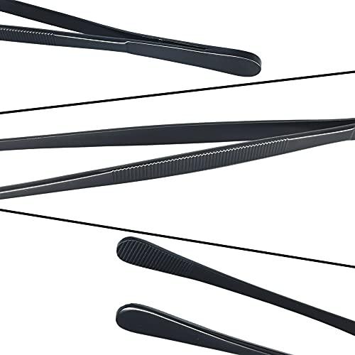 12-Inch Professional Kitchen & Cooking Tweezers Tongs - Stainless Steel Long Tweezer Tongs - Black Coated - BBQ,Plating,Multi-use - CookCave