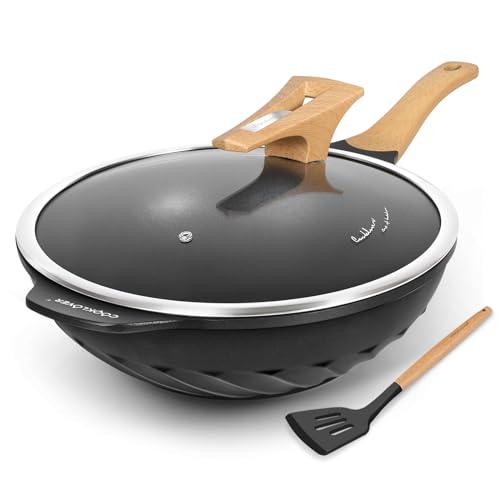 COOKLOVER Nonstick Woks And Stir Fry Pans Die-cast Aluminum Scratch Resistant 100% PFOA Free Induction Wok pan with Lid 12.6 Inch - BK - CookCave