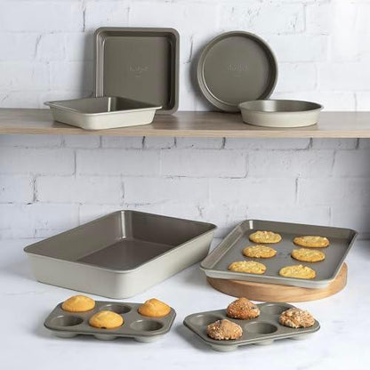 Goodful All-In-One Nonstick Bakeware Set, Stackable and Space Saving Design includes Round and Square Pans, Muffin Pans, Cookie Sheet and Roaster, Dishwasher Safe, 8-Piece, Linen - CookCave