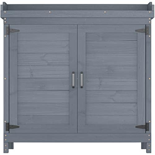 GOOD LIFE USA Outdoor Garden Patio Wooden Storage Cabinet Furniture Waterproof Tool Shed with Potting Benches Outdoor Work Station Table (Gray) - CookCave